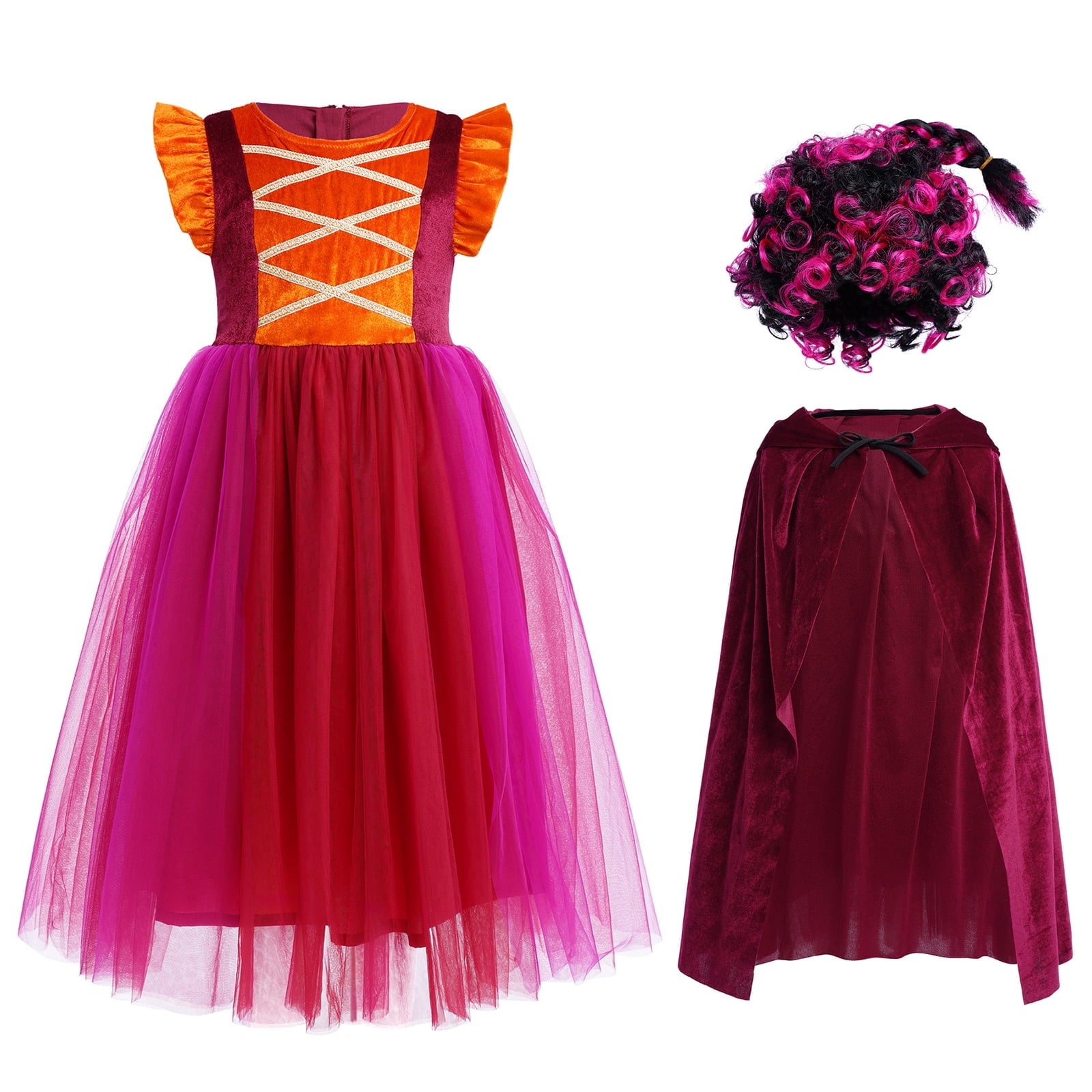 Tinyterrors™ IBTOM CASTLE Kids Girls Witch Costume Tulle Dress Velvet Hooded Cloak Wigs Set Halloween Cosplay Birthday Party Carnival Dress up Outfit 4-5 Years Purple 2pcs