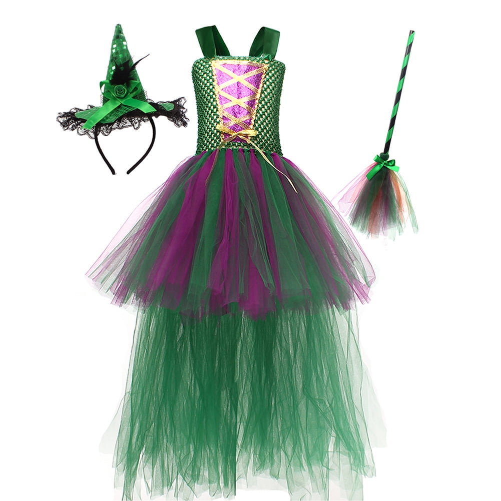 Tinyterrors™ IBTOM CASTLE Kids Girls Witch Costumes Halloween Cosplay Costume Fancy Dress Cloak Witch Broom 3PCS Dress up Outfit 6-7 Years Green