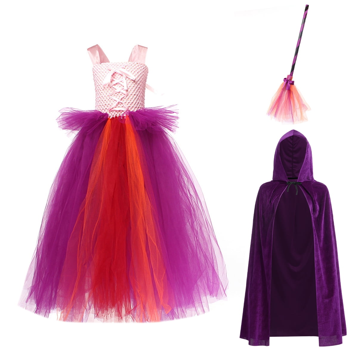 Tinyterrors™ IBTOM CASTLE Kids Girls Witch Costumes Halloween Cosplay Costume Fancy Dress Cloak Witch Broom 3PCS Dress up Outfit 6-7 Years Green