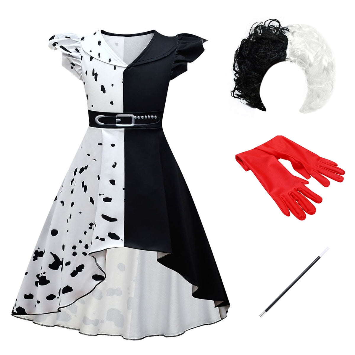 Tinyterrors™ IDOPIP Cruella Deville Costume for Girls Kids Halloween Fancy Dress up Cosplay Black White Dalmatian Dog Dress with Wigs Gloves Cigarette Holder Outfit 5-6 Years Long Sleeve - Classic