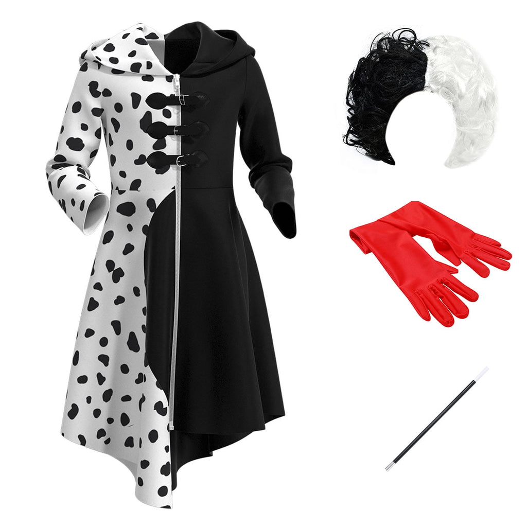 Tinyterrors™ IDOPIP Cruella Deville Costume for Girls Kids Halloween Fancy Dress up Cosplay Black White Dalmatian Dog Dress with Wigs Gloves Cigarette Holder Outfit 5-6 Years Long Sleeve - Classic