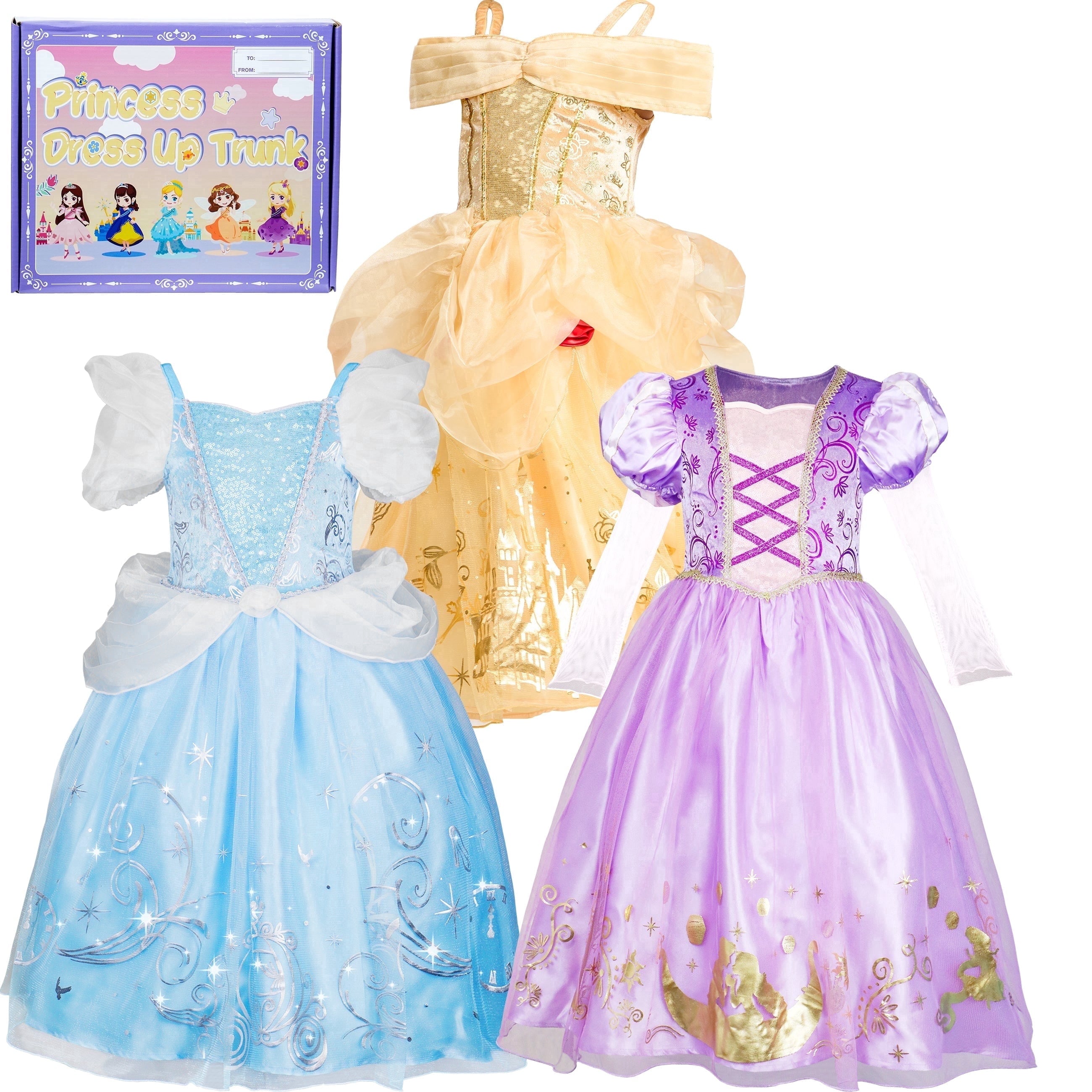 Girls Princess Dress up Clothes, 3Pack Princess Costume Trunk for Kids Pretend Play Christmas Birthday Gift