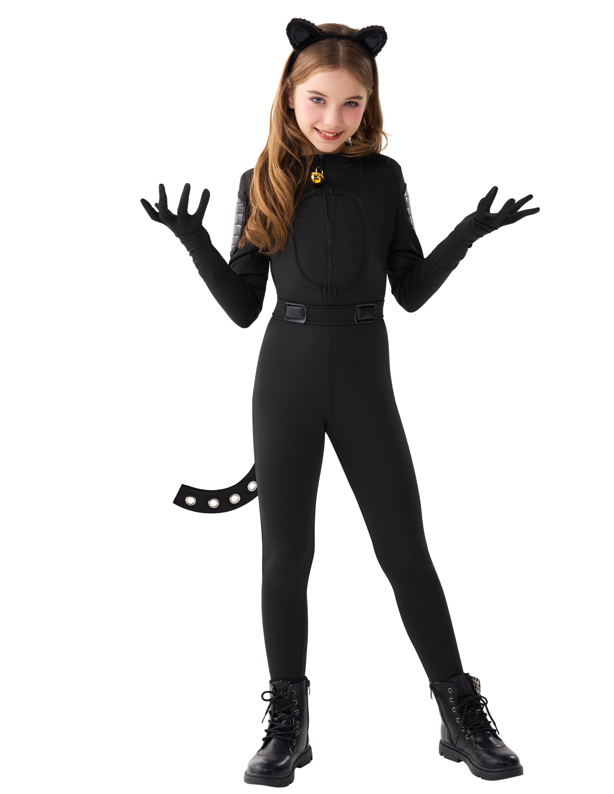  Black Cat Costume for Girls, Kids Cat Outfit Set with Tail, Child Black Cat Halloween Costume for Cosplay Party