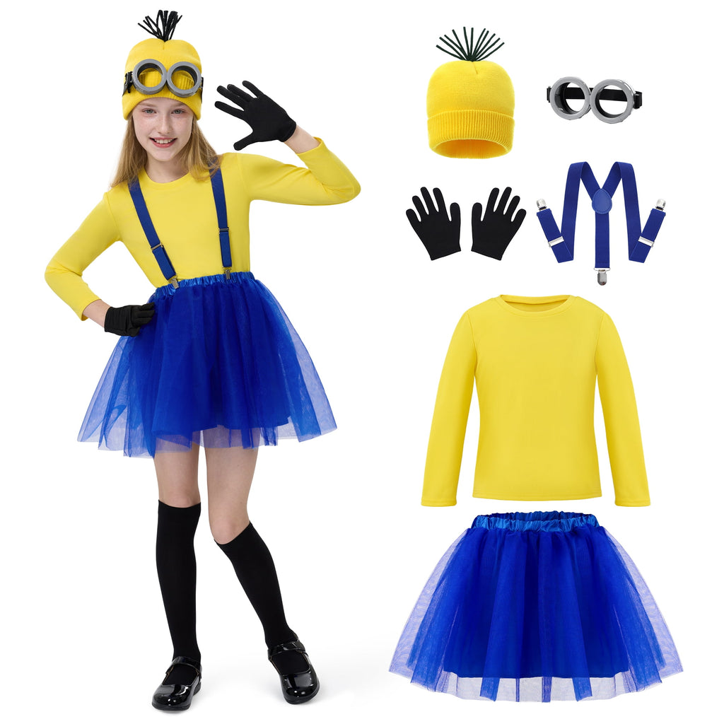  Halloween Kids Costume Accessories Set with Goggles/Beanie/Yellow Tutu Shirt/Suspenders/Gloves for Halloween Fancy Party Dress up Cosplay
