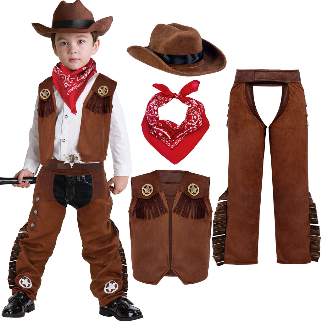  Halloween Cowboy Costume for Boys, Kids Cowboy Costume Set, Brown Western Style Cowboy Outfit with Cowboy Hat for Toddler Dress-up Party Cosplay