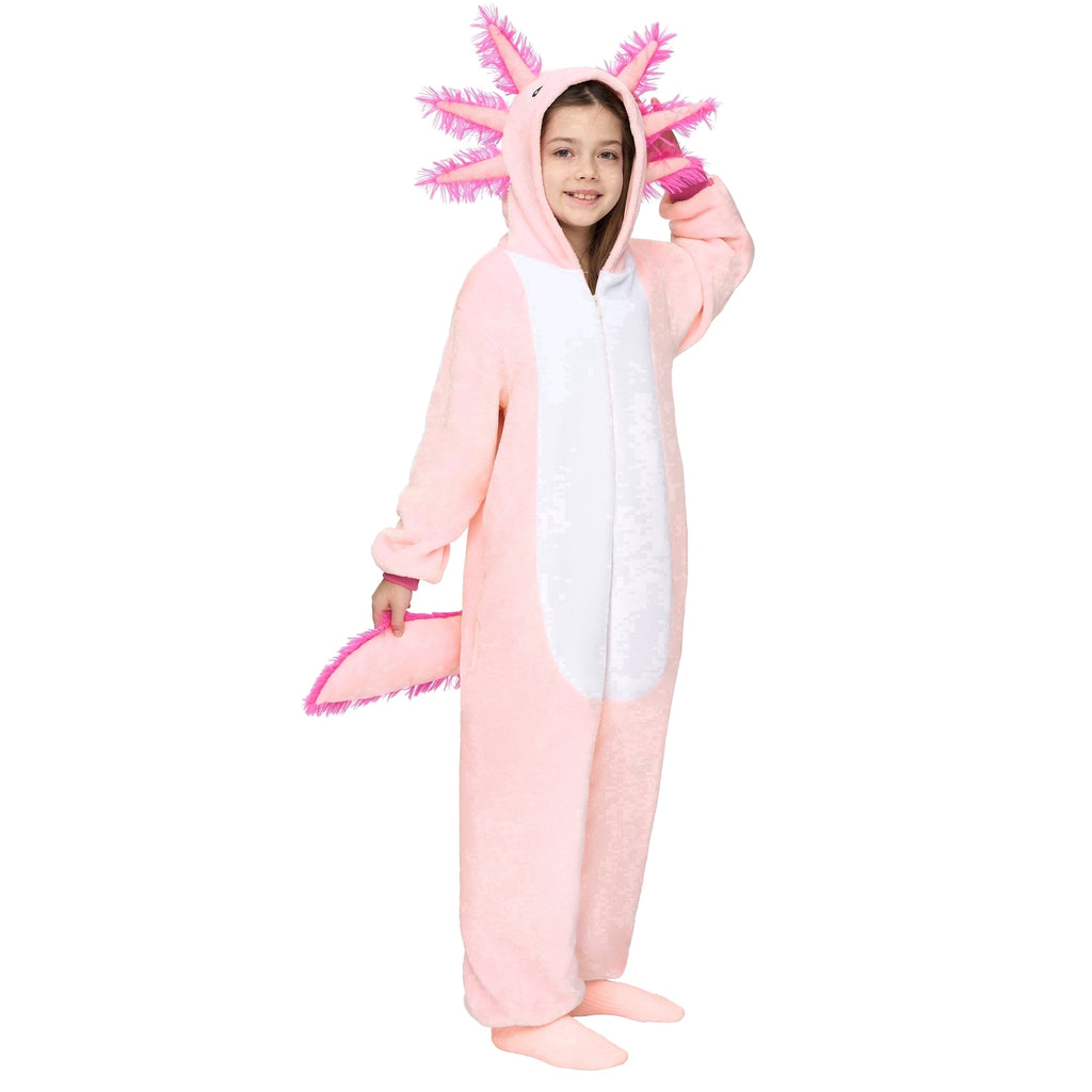  Halloween Axolotl Costume for Kids, Zip-Up Hooded Jumpsuit Pajama for Halloween Themed Party