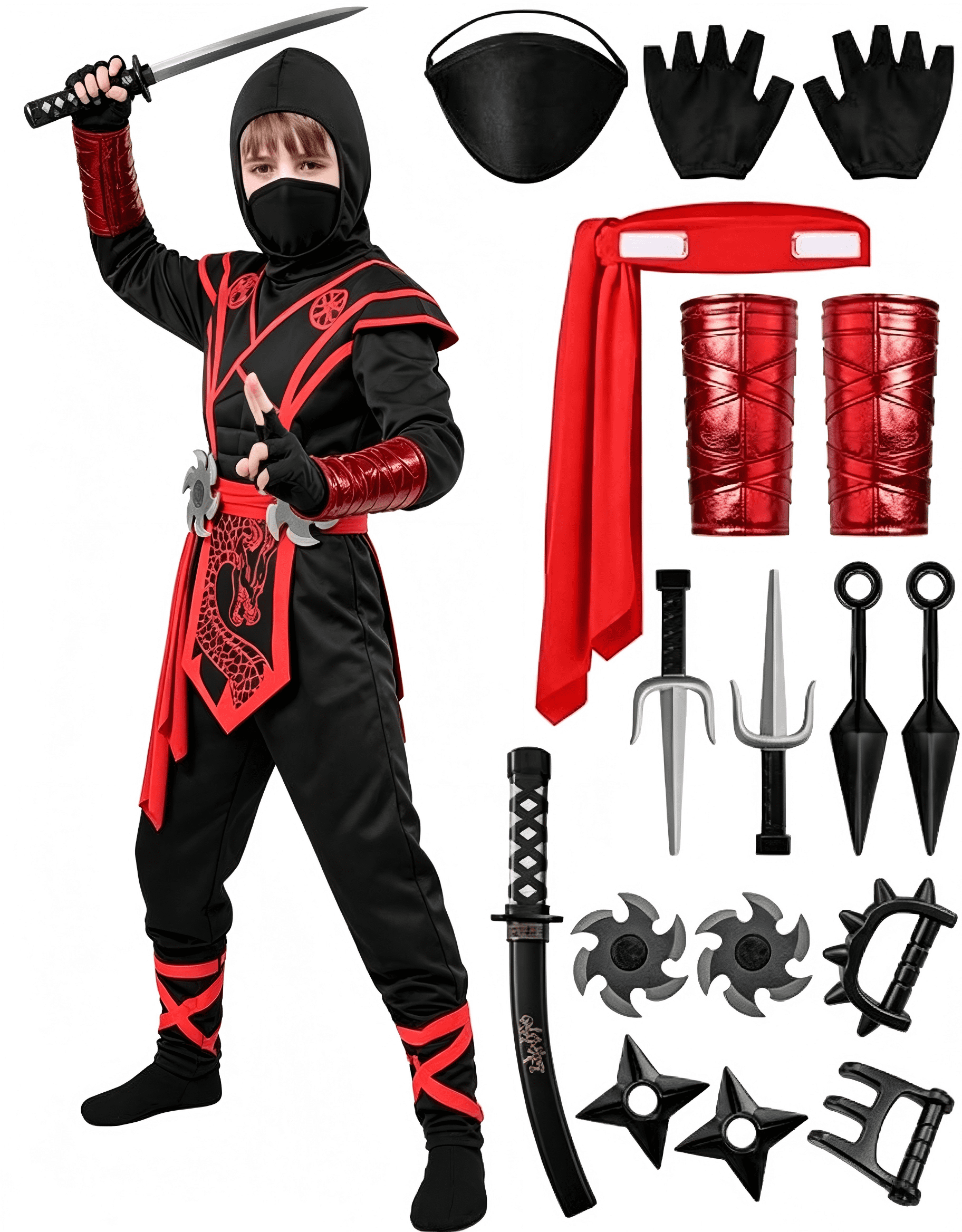  Ninja Costume for Kids, Ninja Dragon Costume Set, Boys Halloween Outfit for Dress-up and Role-play Party