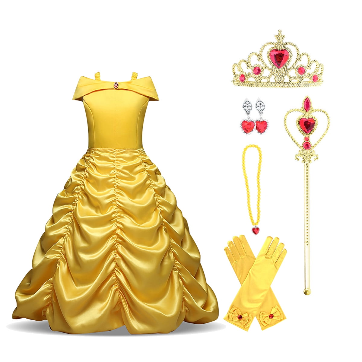  Princess Off Shoulder Layered Costume Dress for Little Girls with Accessories, Child 5-6 Years