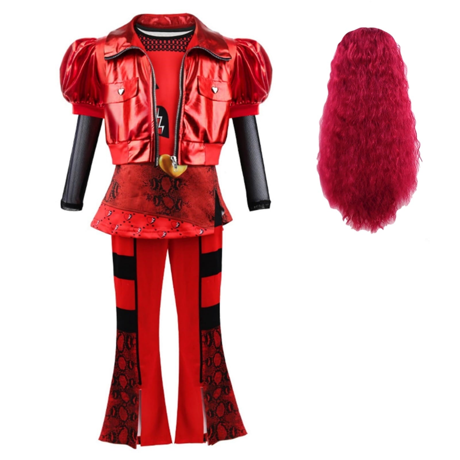 Tinyterrors™ Kids Red Costume Girls Short Sleeves Jacket Top Flared Pants Wig 4pcs Halloween Princess Dress up 5-15Y