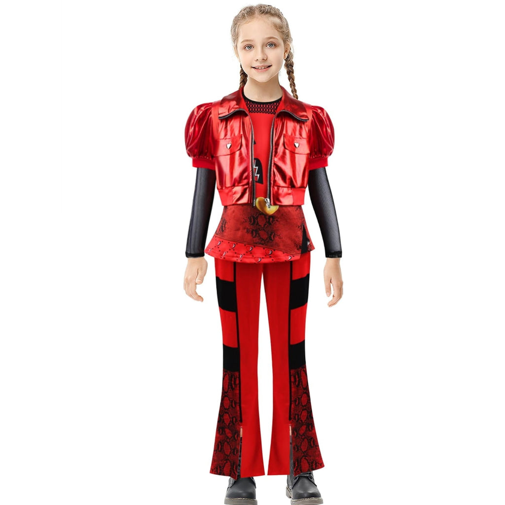 Kids Red Costume Girls Short Sleeves Jacket Top Flared Pants Wig 4pcs Halloween Princess Dress up 5-15Y