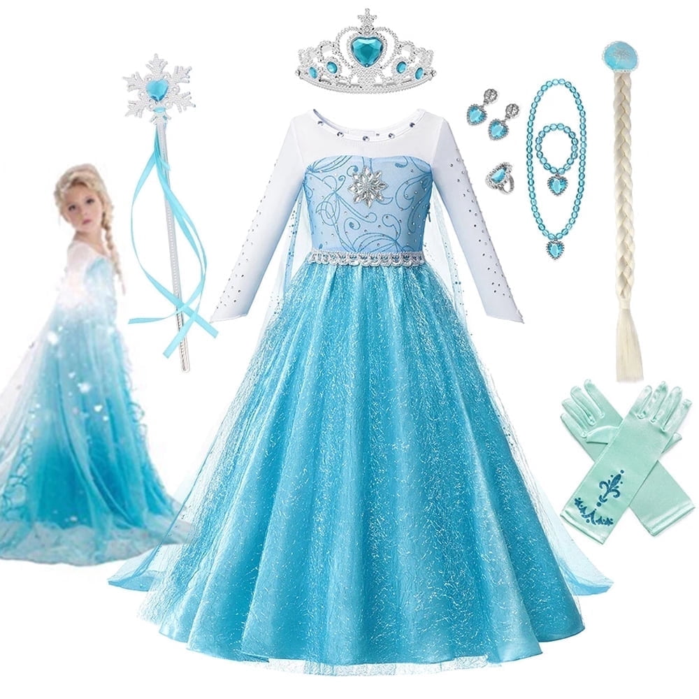 MAVLLY Princess Costume for Girls Cosplay Dress Bling Synthetic Crystal Bodice Snow Queen Princess Party Dress Fancy Children Clothes with Accessories Set 8 (2-12T)
