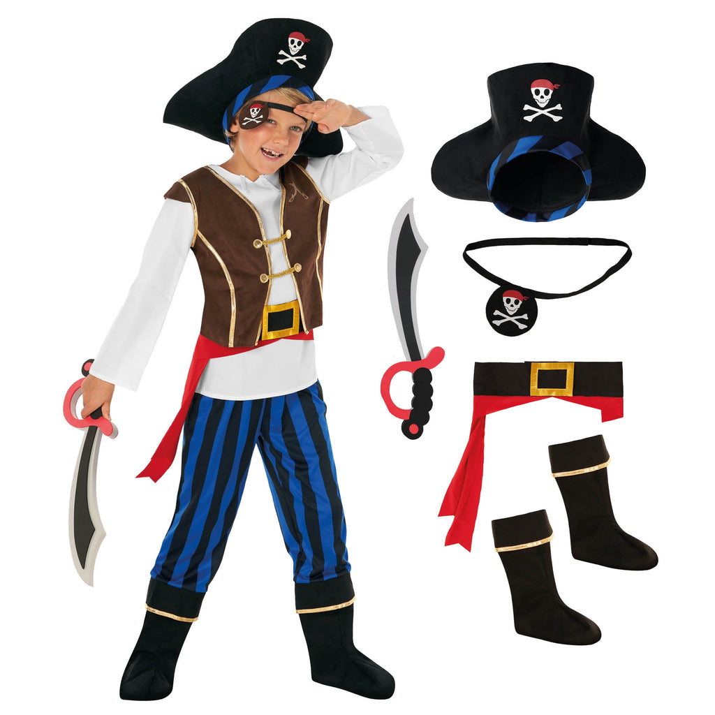  Boys Blue Pirate Costume Hat Toy Sword Kids Buccaneer Captain Halloween Halloween Blue L