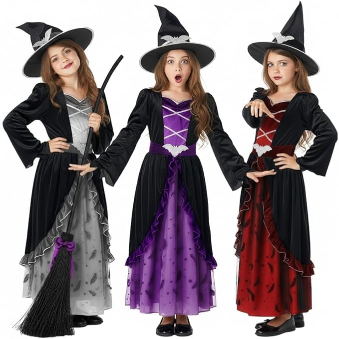 Deluxe Girls Purple Witch Costume Hat Kids Halloween Fancy Dress Halloween Purple/Black S