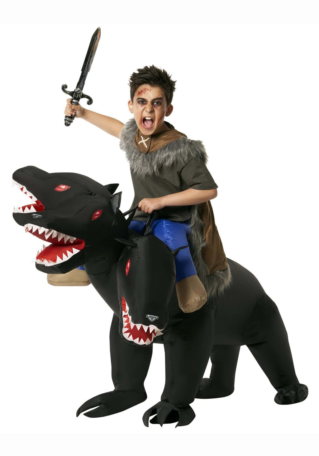  Kids Inflatable 3 Headed Dog Ride On Costume Boys Cerberus Halloween Halloween Black One Size