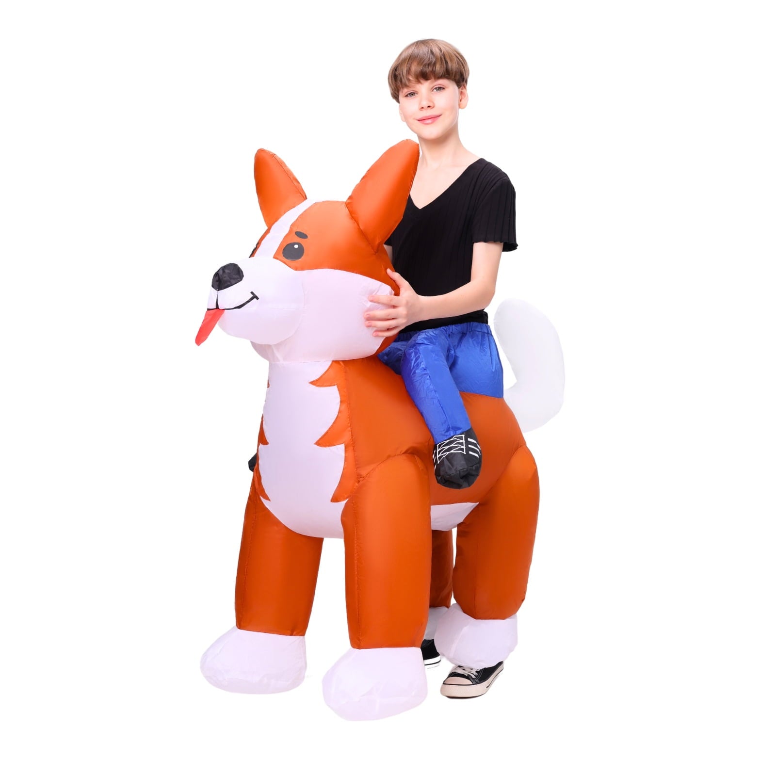 PTS Inflatable Costume Kid, Blow Up Ride On Corgi Dog Costume for Halloween Inflatables Cosplay Party