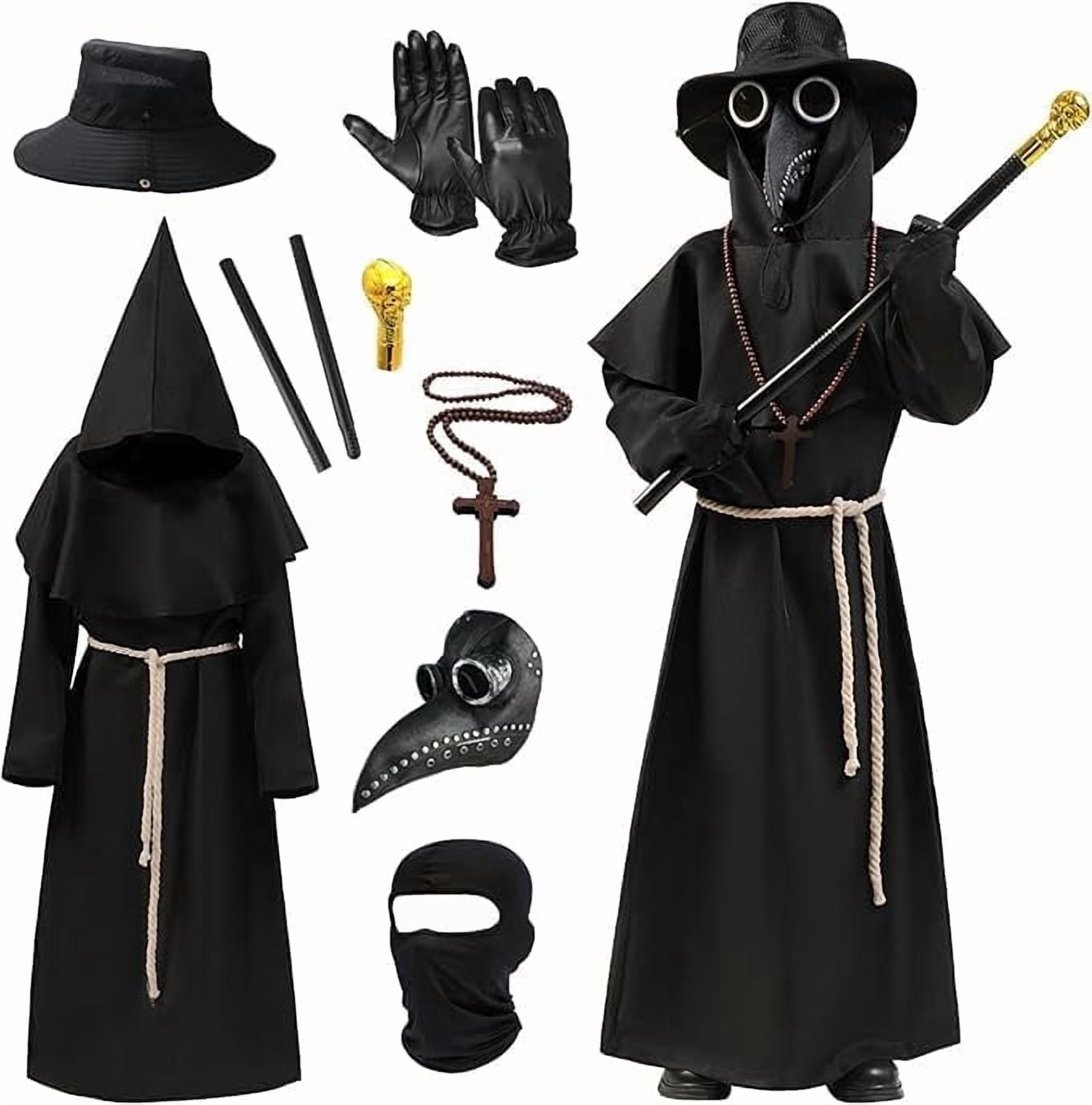 Plague Doctor Costume for Kids, 9 in 1 Halloween Costumes with Mask for Dress-Up Party for 10-12 Yeas