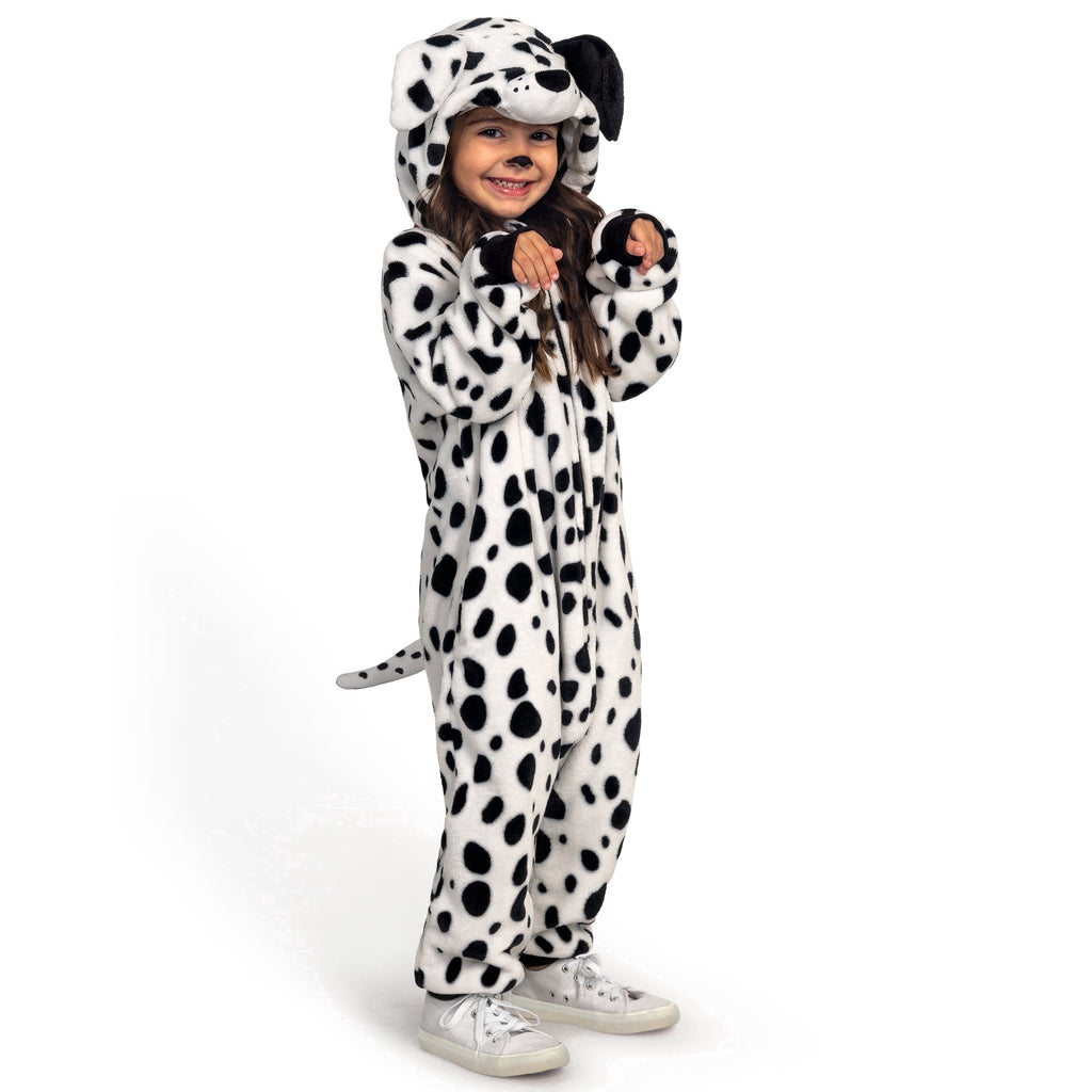  Dalmatian Costume for Kids, White Black Puppy Zip-Up Jumpsuit for Halloween Trick or Treat Party, Ages 5-12