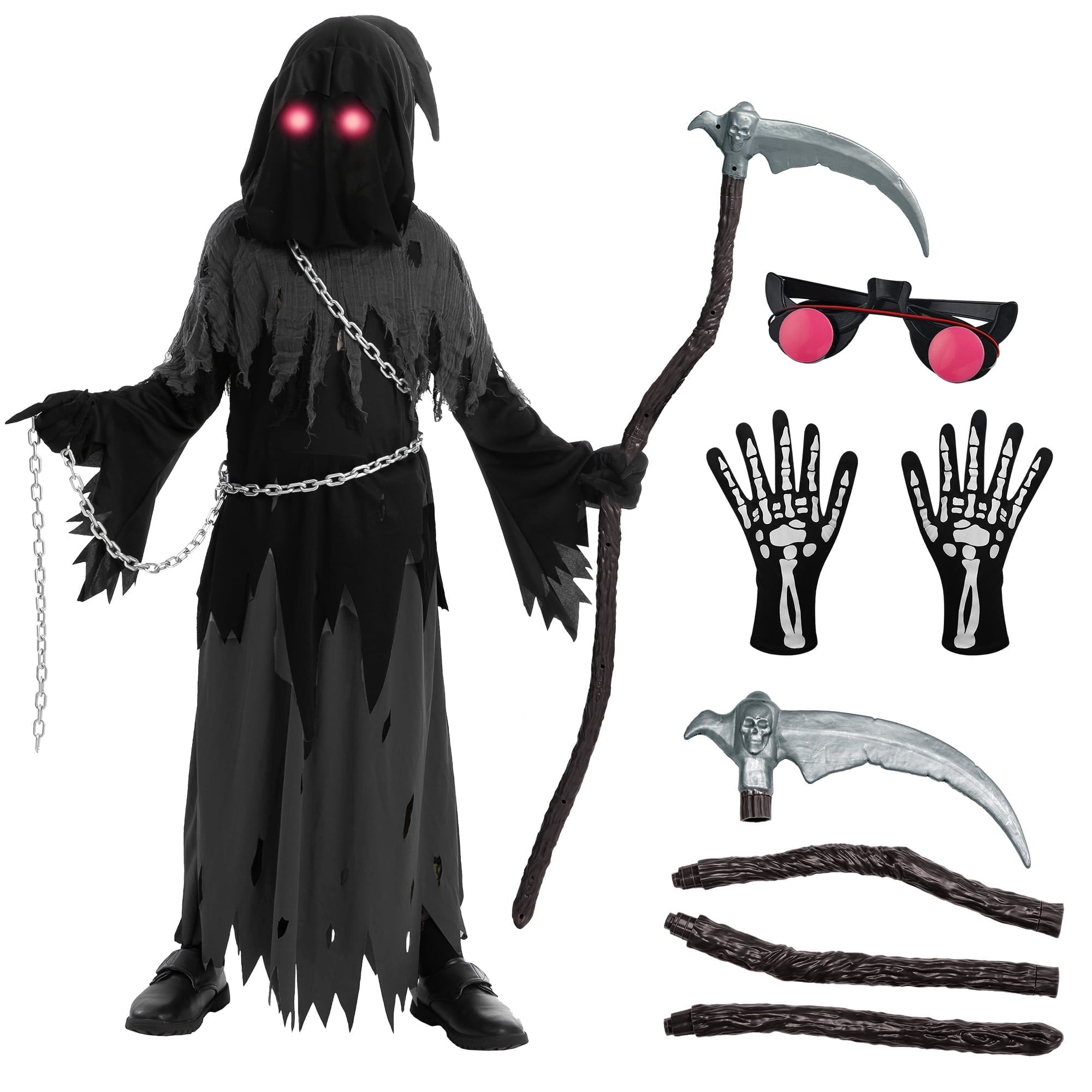  Child Glowing Eyes Grim Reaper Costume, Phantom Costume for Kids Halloween Fancy Dress Up 5-12 Years