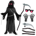  Child Glowing Eyes Grim Reaper Costume, Phantom Costume for Kids Halloween Fancy Dress Up 5-12 Years
