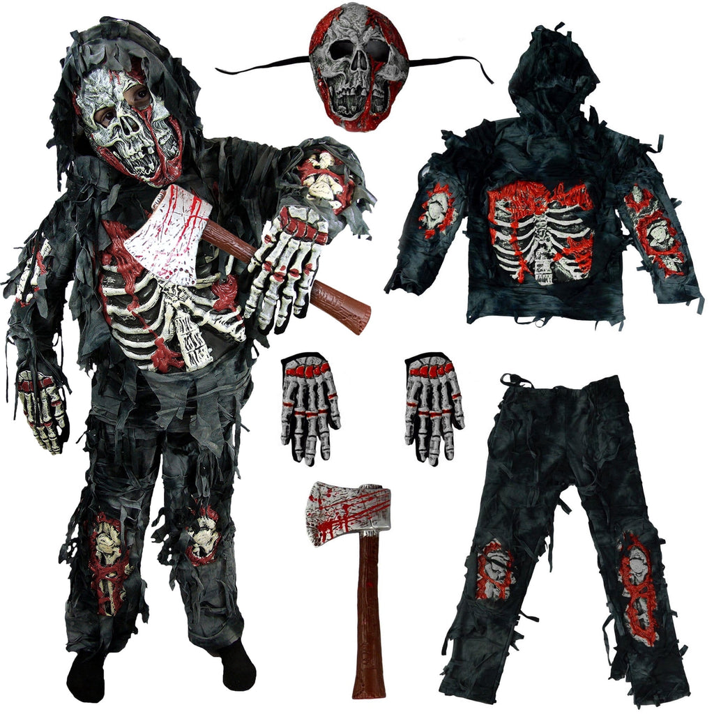  Kids Zombie Costume, Scary Halloween Zombie Costume for Boys, Monsters Costume with Plastic Toy Axe for Halloween Party Dress-Up Age Up to 14 Years