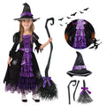  Witch Costume Set for Girls, Halloween Fancy-Dress with Broom Hat for Toddler Kids Halloween Party Dress up 3-14 Years