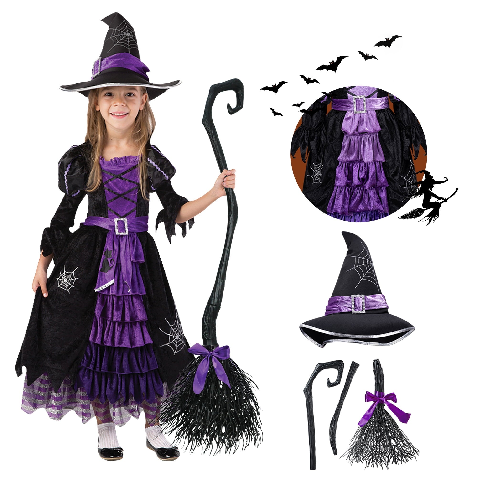  Witch Costume Set for Girls, Halloween Fancy-Dress with Broom Hat for Toddler Kids Halloween Party Dress up 3-14 Years