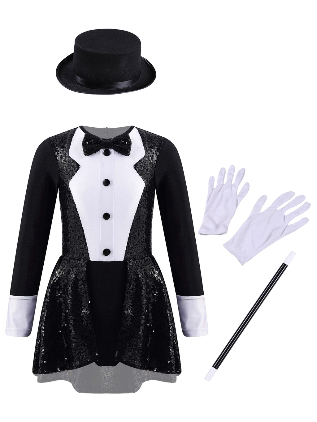 TiaoBug Kids Girls Magician Costume Long Sleeve Sequins Leotards Halloween Fancy Dress Up Outfits Black 8