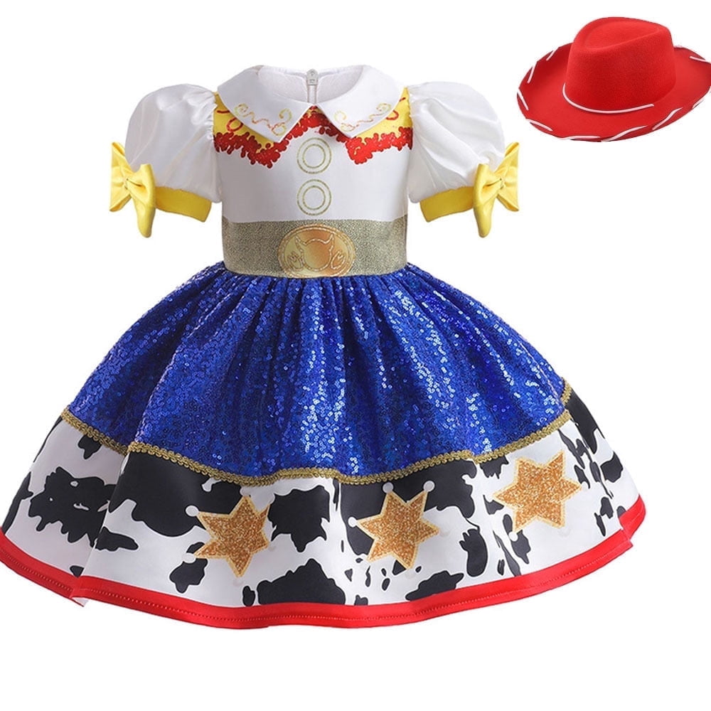 Little Girls Cowgirl Sequins Costume Dress Up Halloween Birthday Party Outfit with Hat 5-6Y