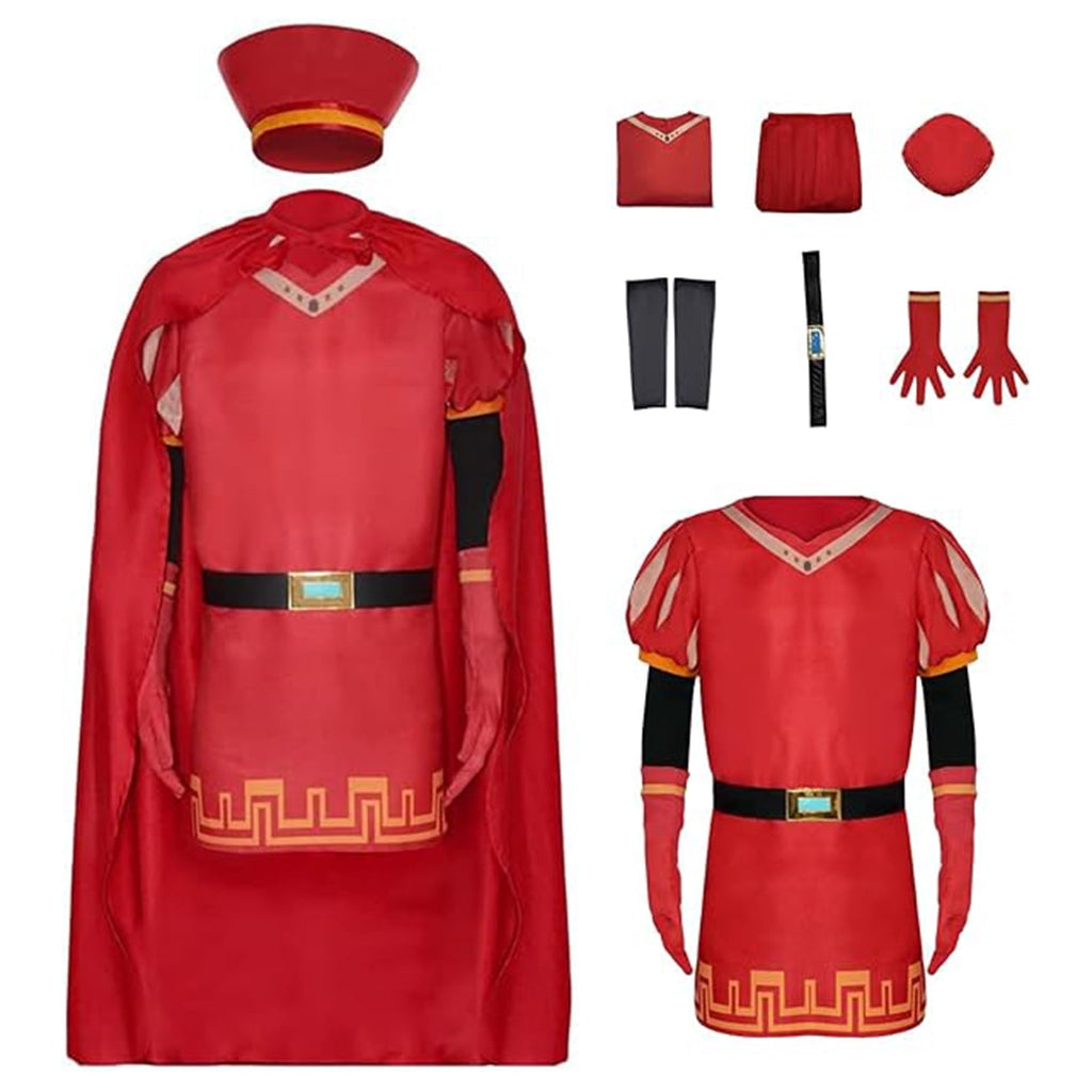  Unisex Adult King Farquaad Cosplay Costume Outfits Halloween Classic Role Farquaad Costume Red Cape Cloak Cap Suit