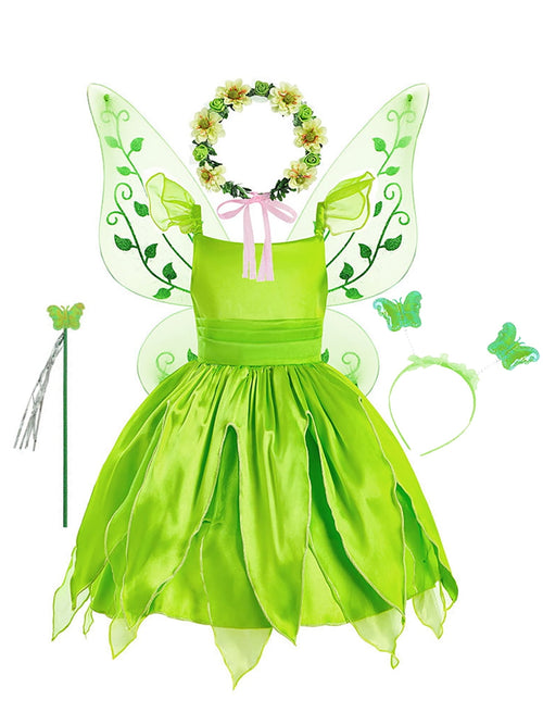  2-10Y Green Fairy Princess Dresses for Girls Christmas Halloween Costume Cosplay Dress Up with Wing & Accessories
