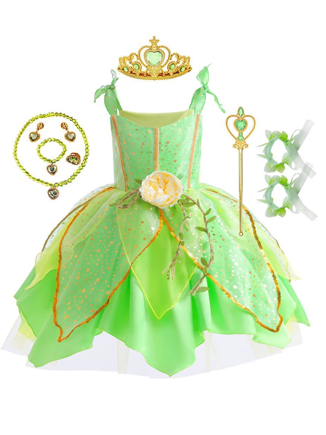 Tinyterrors™ 2-10Y Green Fairy Princess Dresses for Girls Christmas Halloween Costume Cosplay Dress Up with Wing & Accessories