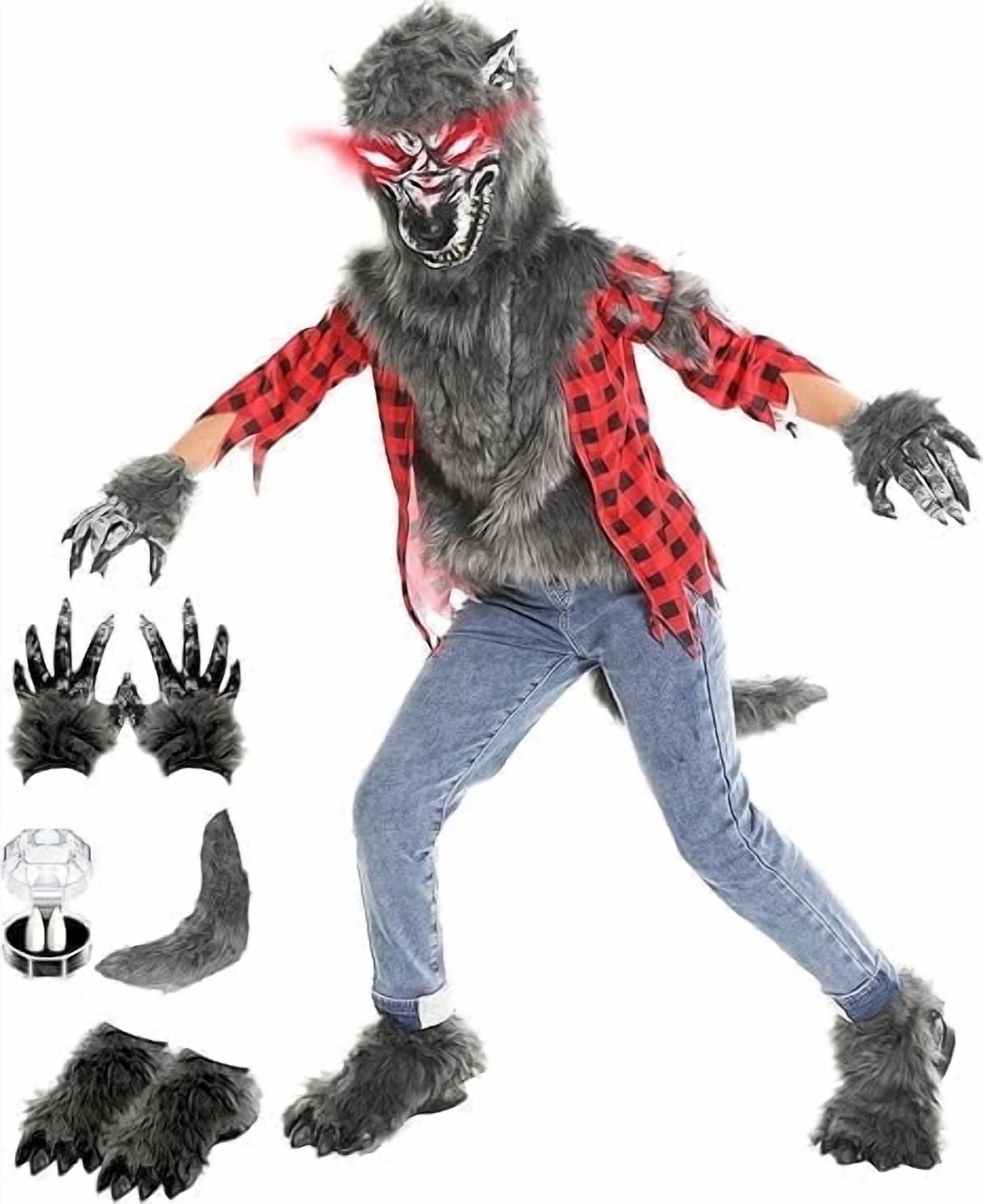  Boys Wolf Costume Set  Halloween Red Werewolf Outfit with Glowing Eyes Mask, Shoe Covers, Gloves, Tail & Vampire Fangs (3-4T)