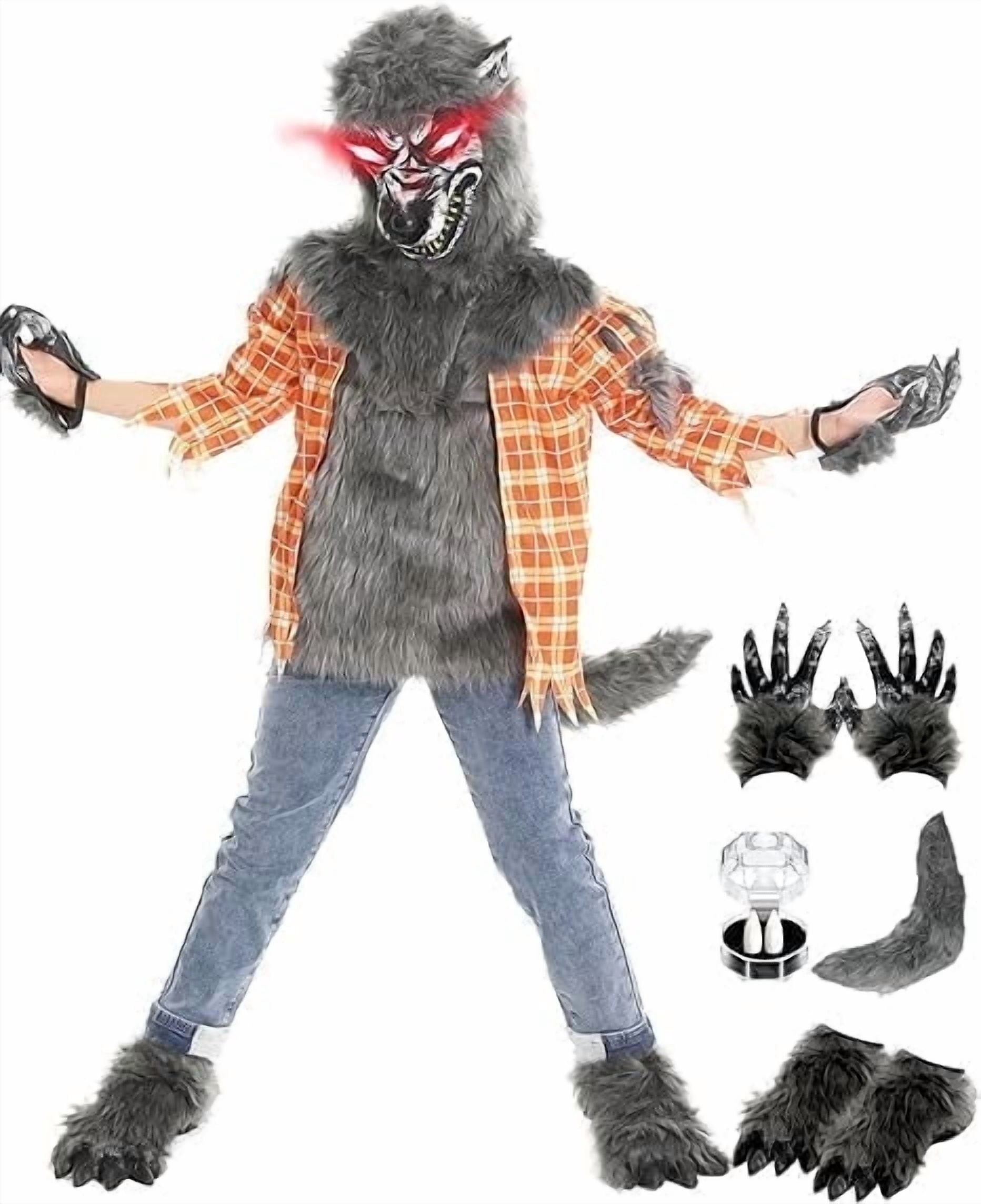 Tinyterrors™ Boys Wolf Costume Set  Halloween Red Werewolf Outfit with Glowing Eyes Mask, Shoe Covers, Gloves, Tail & Vampire Fangs (3-4T)
