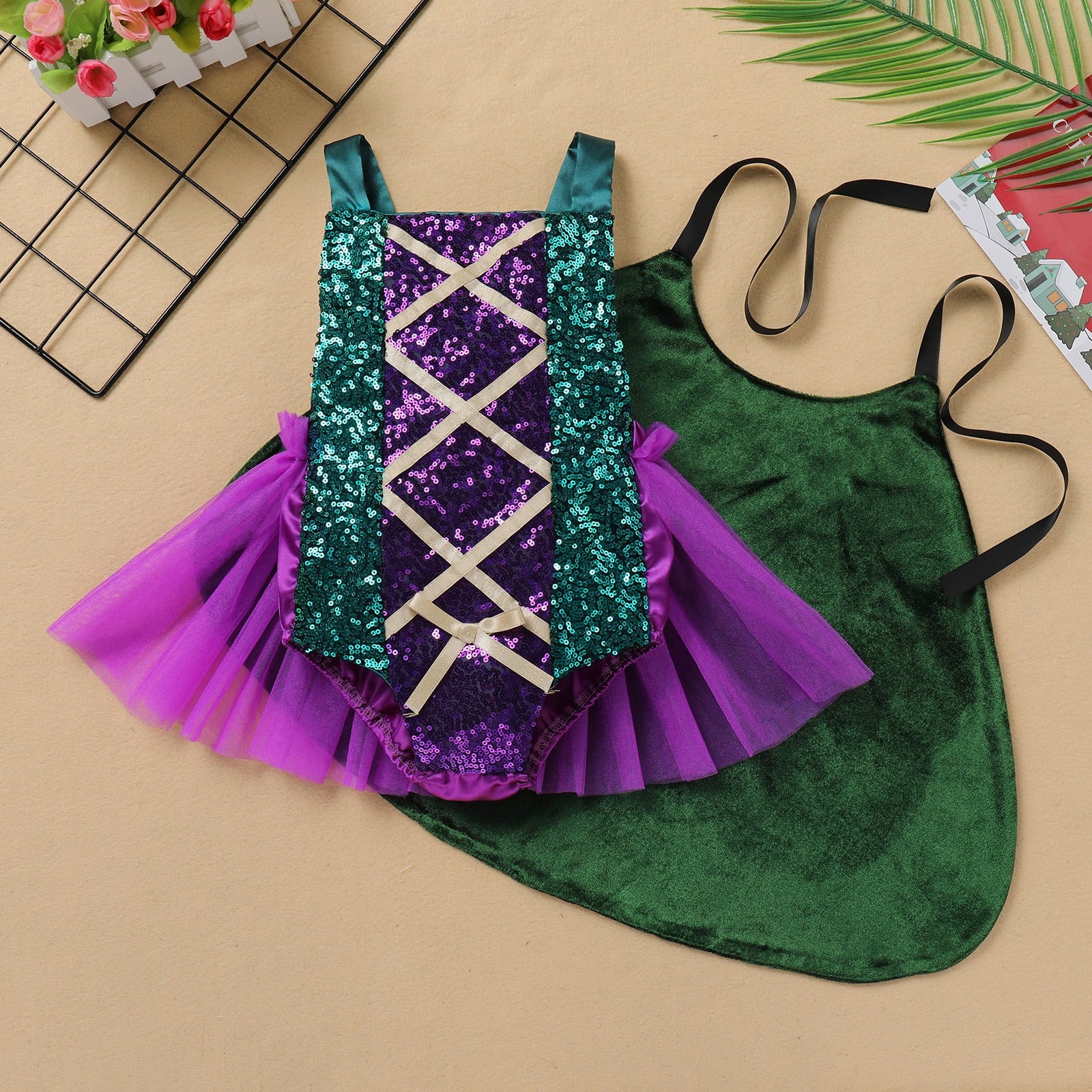 IBTOM CASTLE Toddler Girls Sanderson Sisters Costumes Kids Witch Sequin Backless Romper Tulle Dress with Cloak Halloween Cosplay Carnival Fancy Dress up Outfit 12-18 Months Green-Winifred