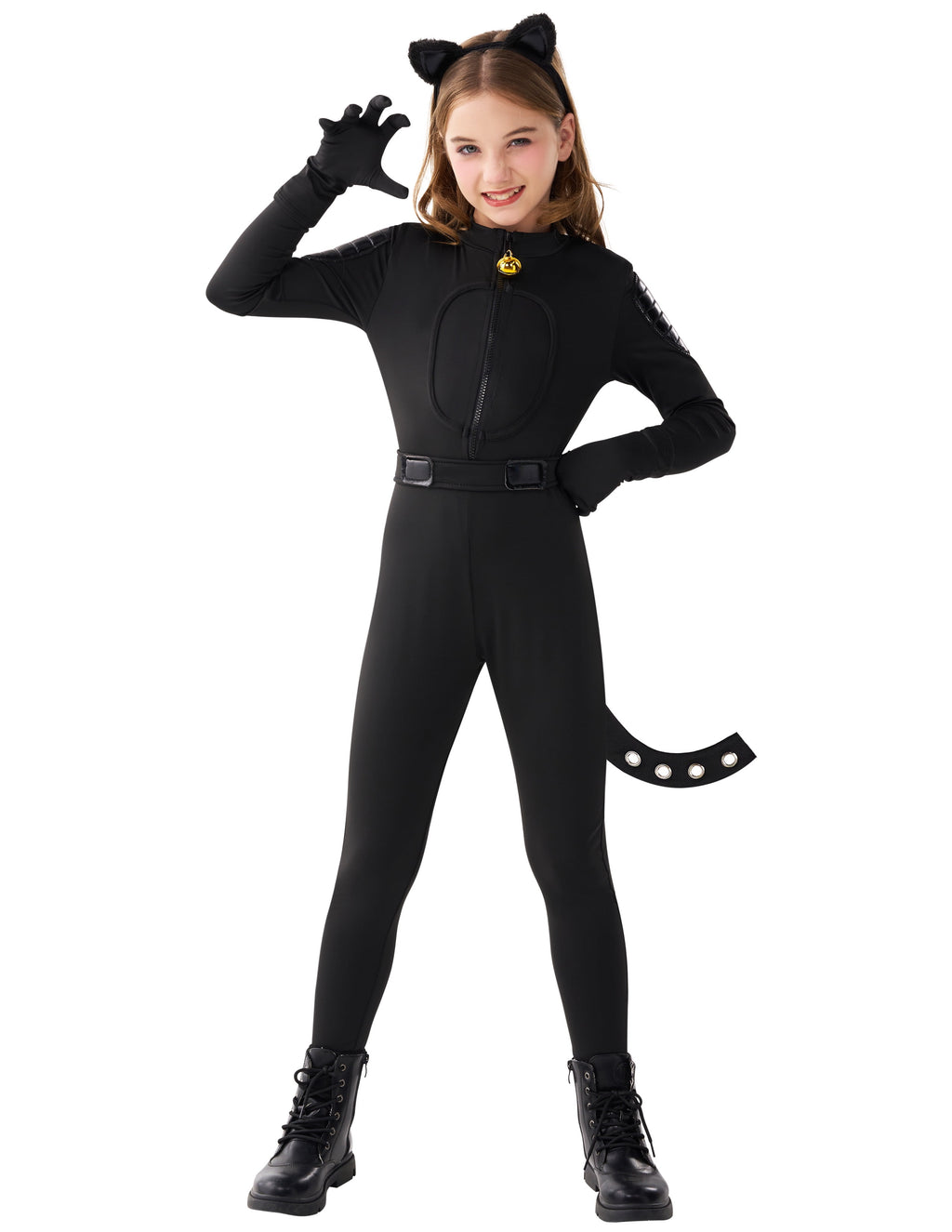  Black Cat Costume for Girls, Kids Cat Outfit Set with Tail, Child Black Cat Halloween Costume for Cosplay Party