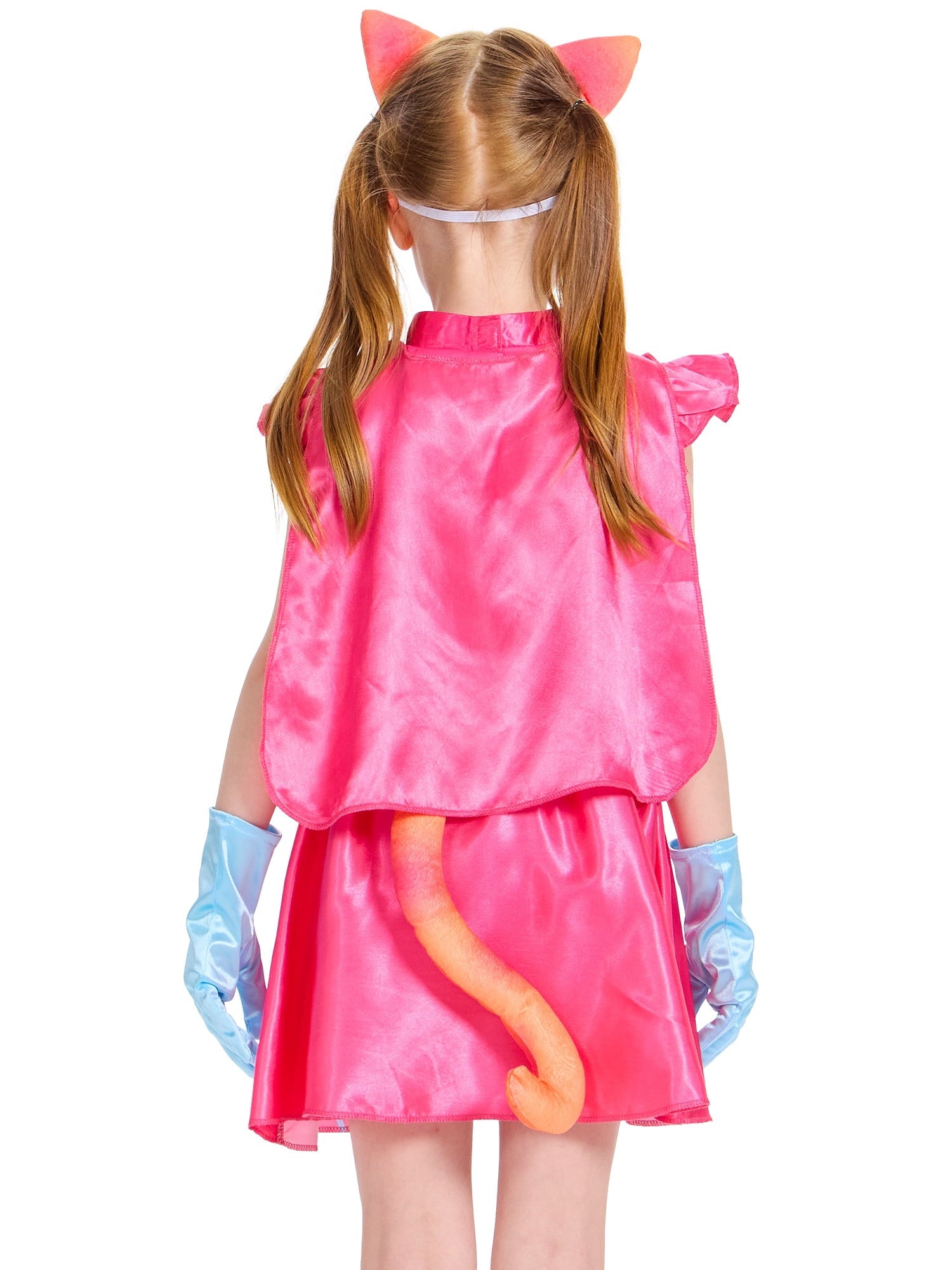 Girls Superhero Costume with Cape, Pink Kitties Fancy Dress Accessories Cat Headband Tail Gloves Outfit for Kids Hallloween
