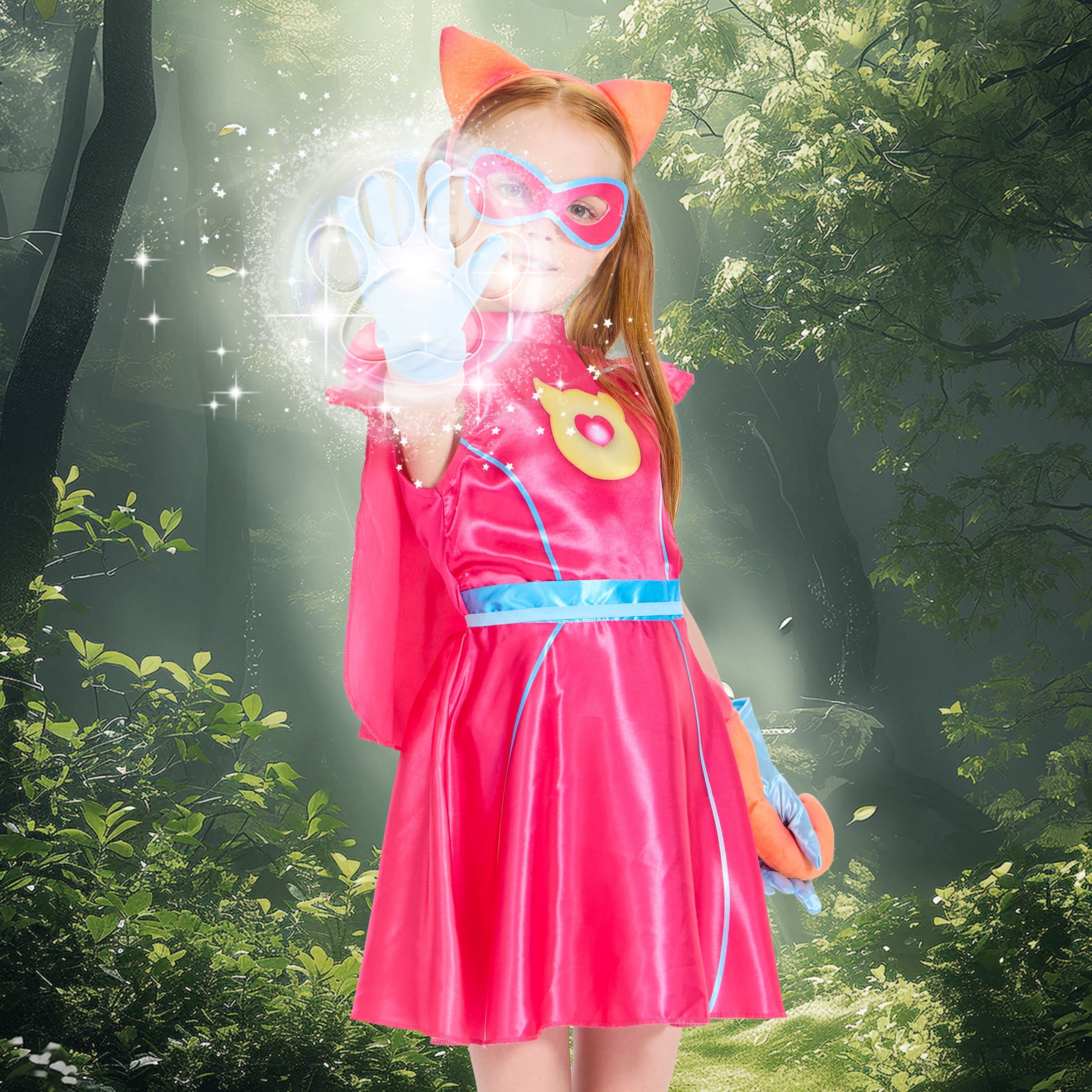 Girls Superhero Costume with Cape, Pink Kitties Fancy Dress Accessories Cat Headband Tail Gloves Outfit for Kids Hallloween