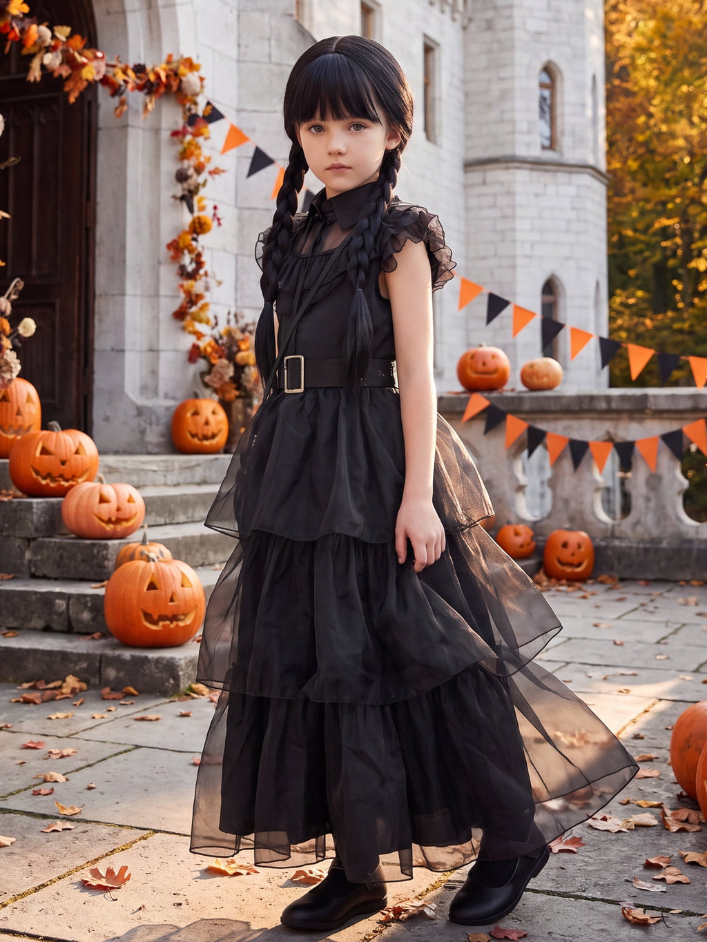  Girls Halloween Costume Fancy Dress with Wig Black for Child Carnival Party 10-12 Years