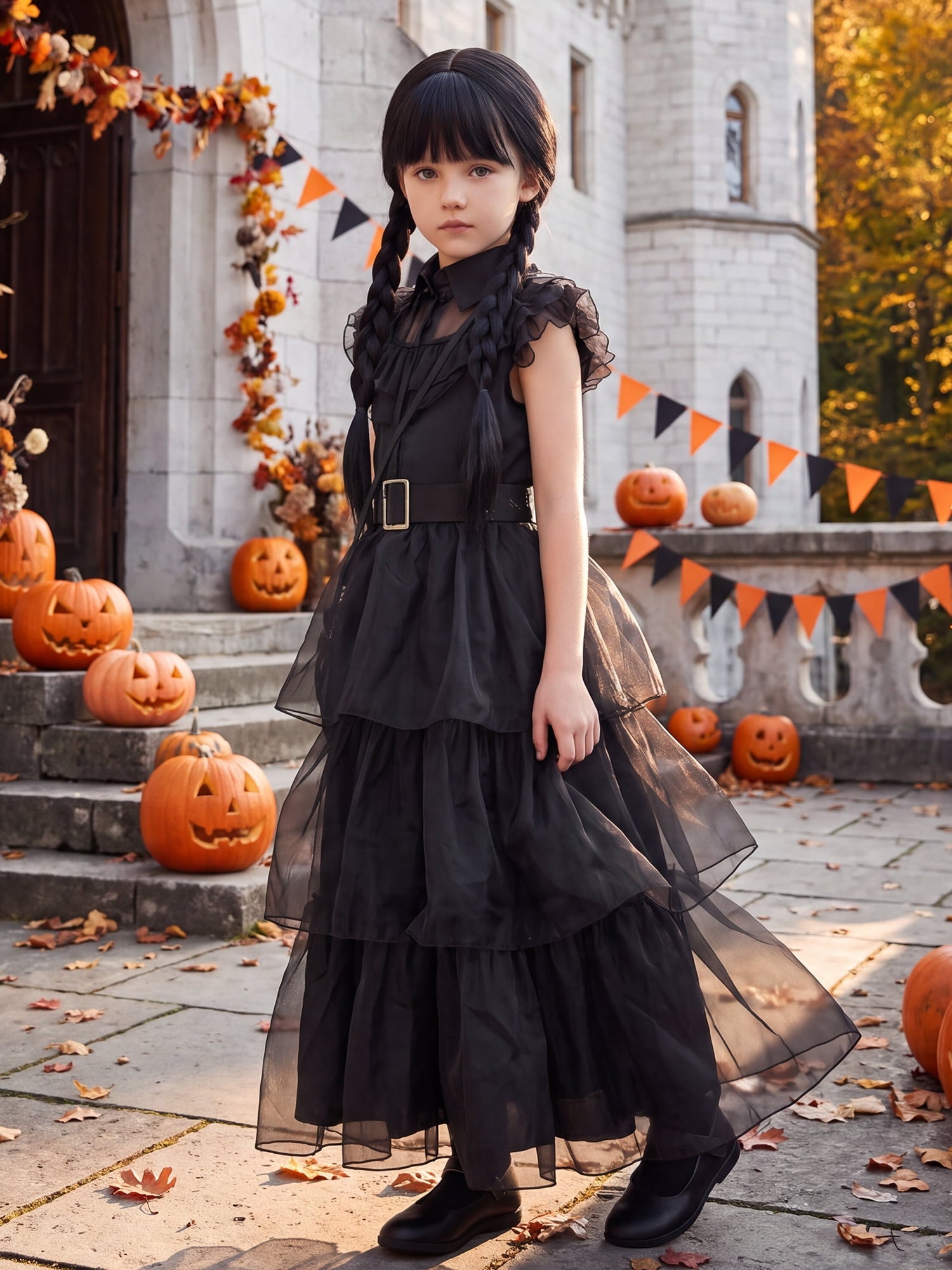  Girls Halloween Costume Fancy Dress with Wig Black for Child Carnival Party 10-12 Years