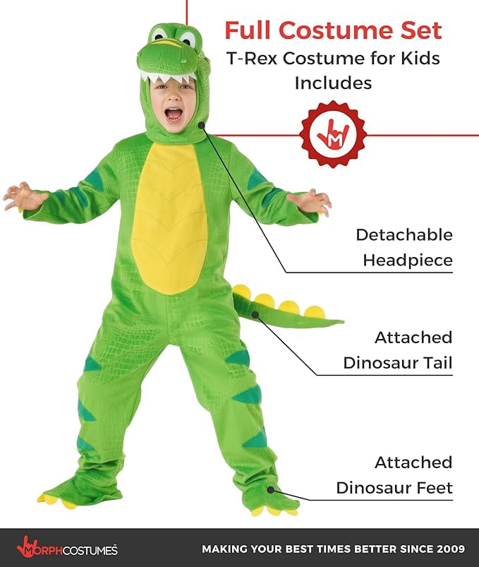  Kids Green T Rex Costume Boys Girls Dinosaur Jumpsuit Fancy Dress Halloween Green M