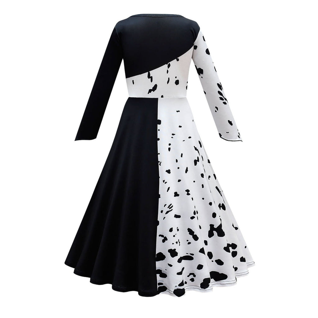 IDOPIP Cruella Deville Costume for Girls Kids Halloween Fancy Dress up Cosplay Black White Dalmatian Dog Dress with Wigs Gloves Cigarette Holder Outfit 5-6 Years Long Sleeve - Classic