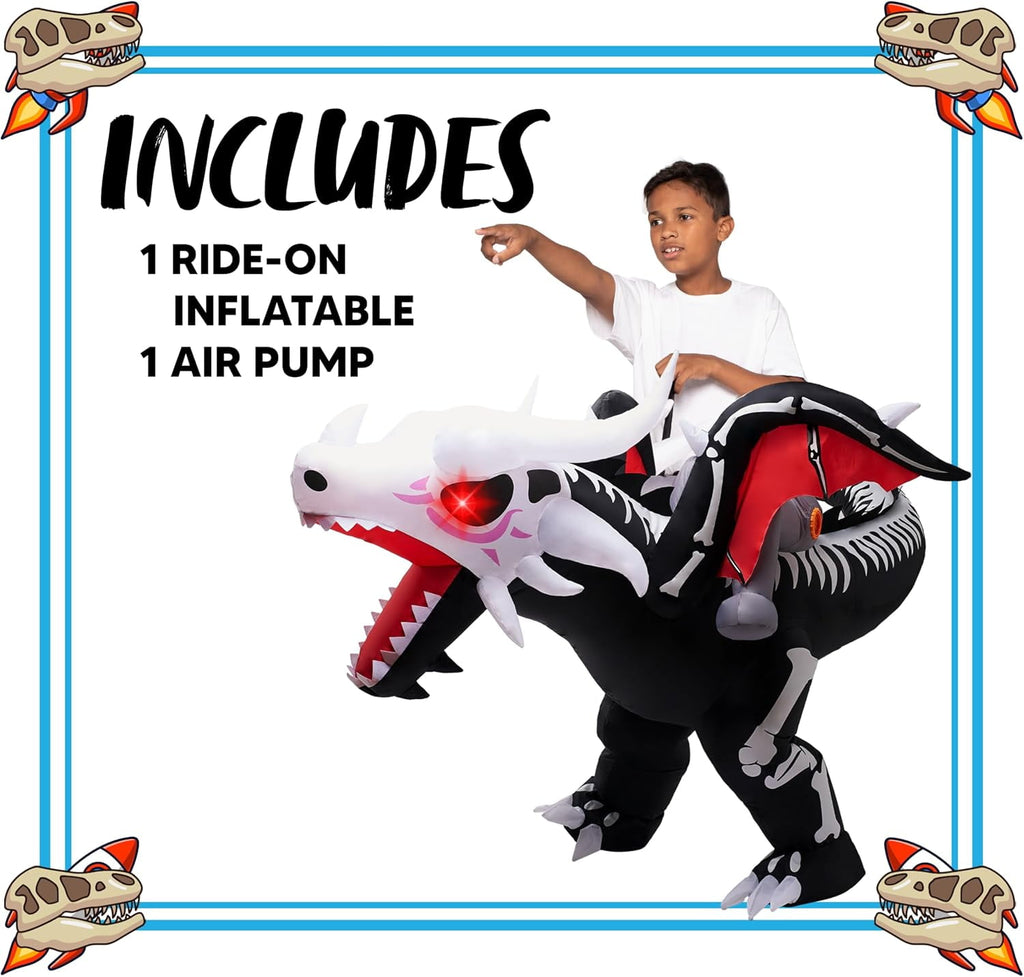  Kids Inflatable Dinosaur Costume with LED Light Up Eyes,Blow Up Ride-On Dinosaur Skeleton Costume for Halloween Party,Cosplay and Themed Dress Up