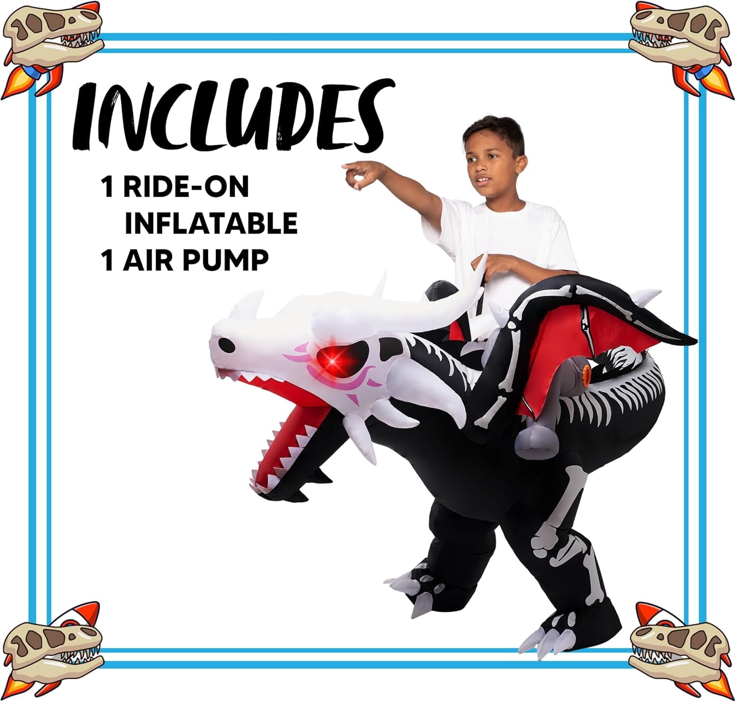  Kids Inflatable Dinosaur Costume with LED Light Up Eyes,Blow Up Ride-On Dinosaur Skeleton Costume for Halloween Party,Cosplay and Themed Dress Up