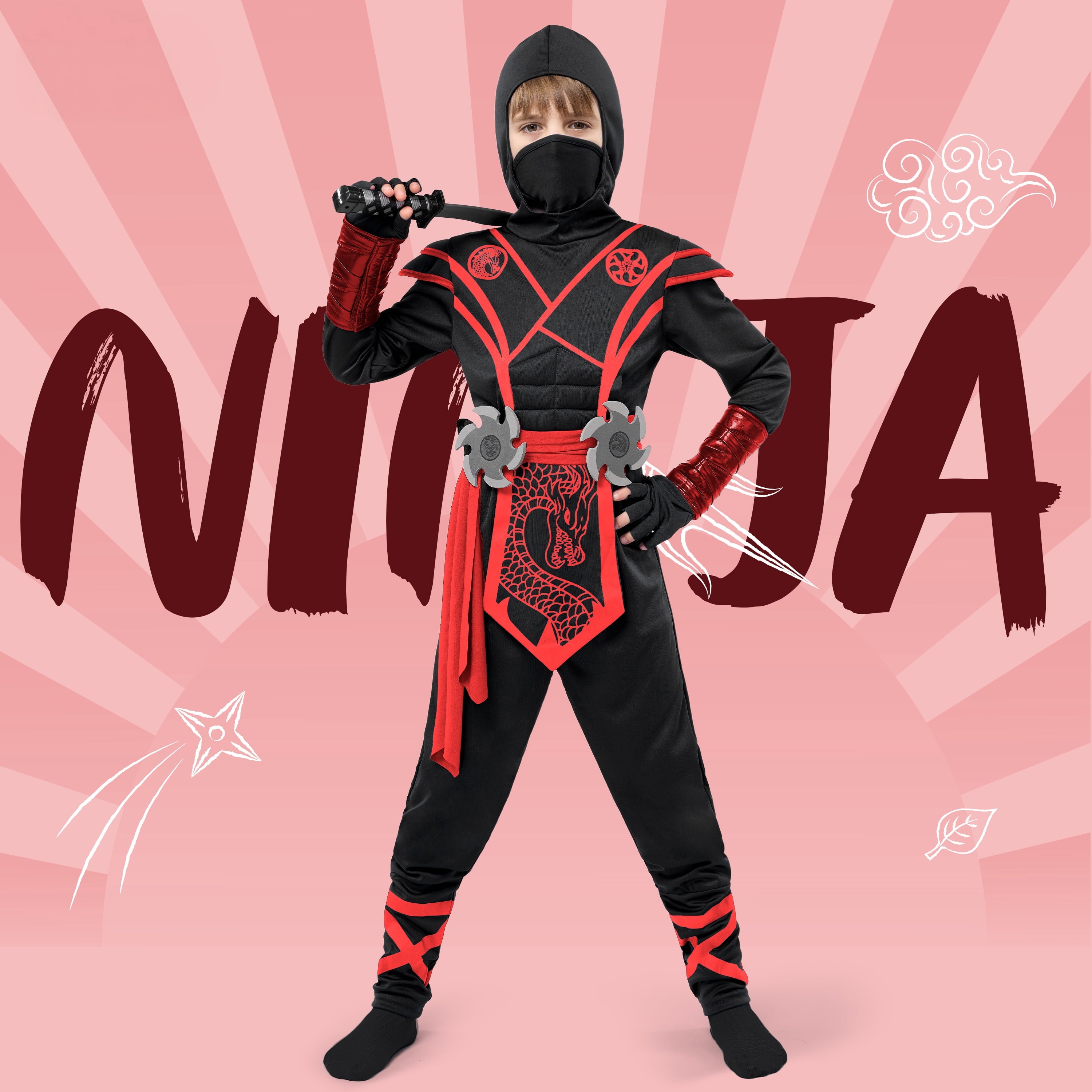  Ninja Costume for Kids, Ninja Dragon Costume Set, Boys Halloween Outfit for Dress-up and Role-play Party