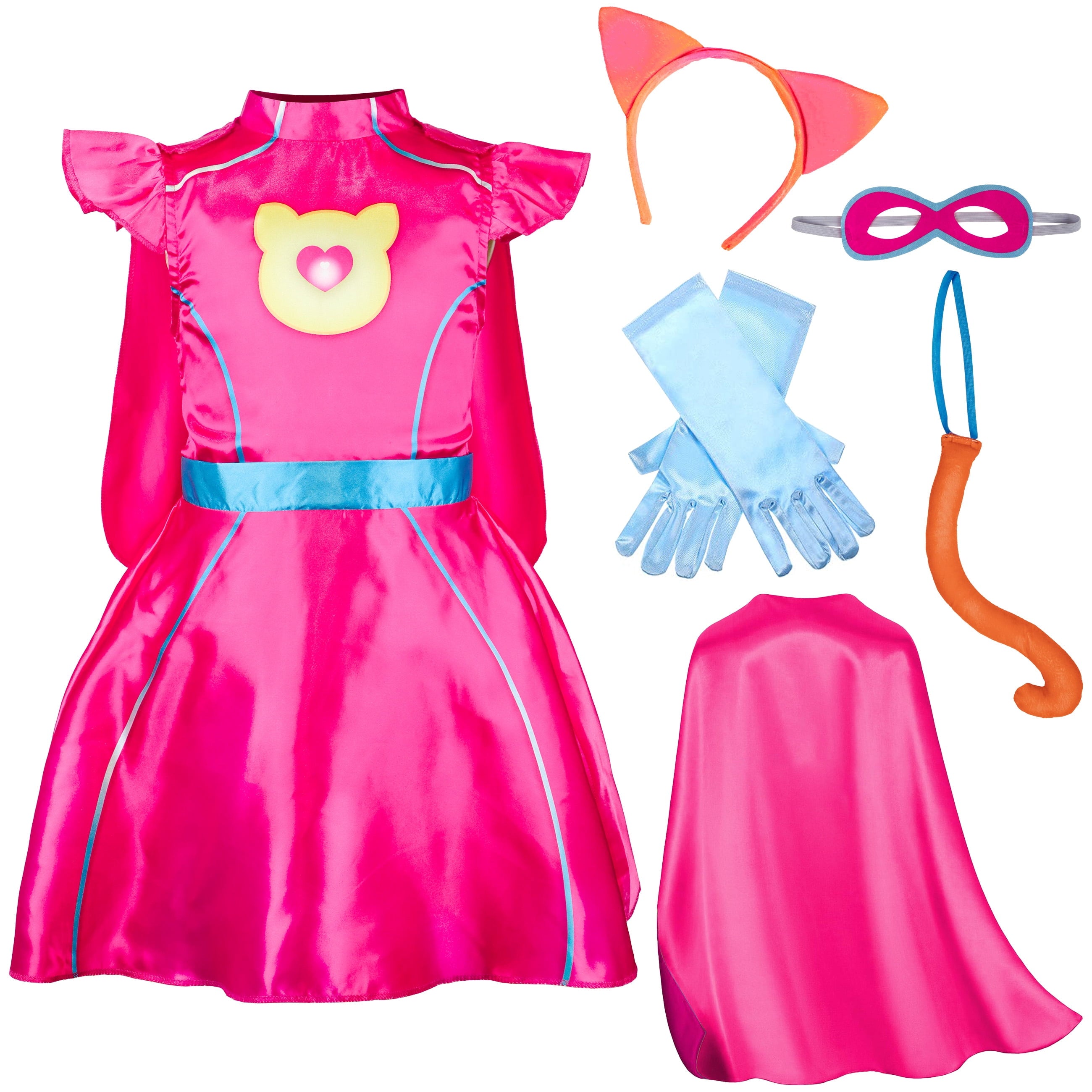 Girls Superhero Costume with Cape, Pink Kitties Fancy Dress Accessories Cat Headband Tail Gloves Outfit for Kids Hallloween