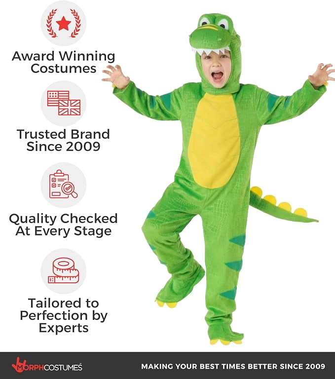  Kids Green T Rex Costume Boys Girls Dinosaur Jumpsuit Fancy Dress Halloween Green M