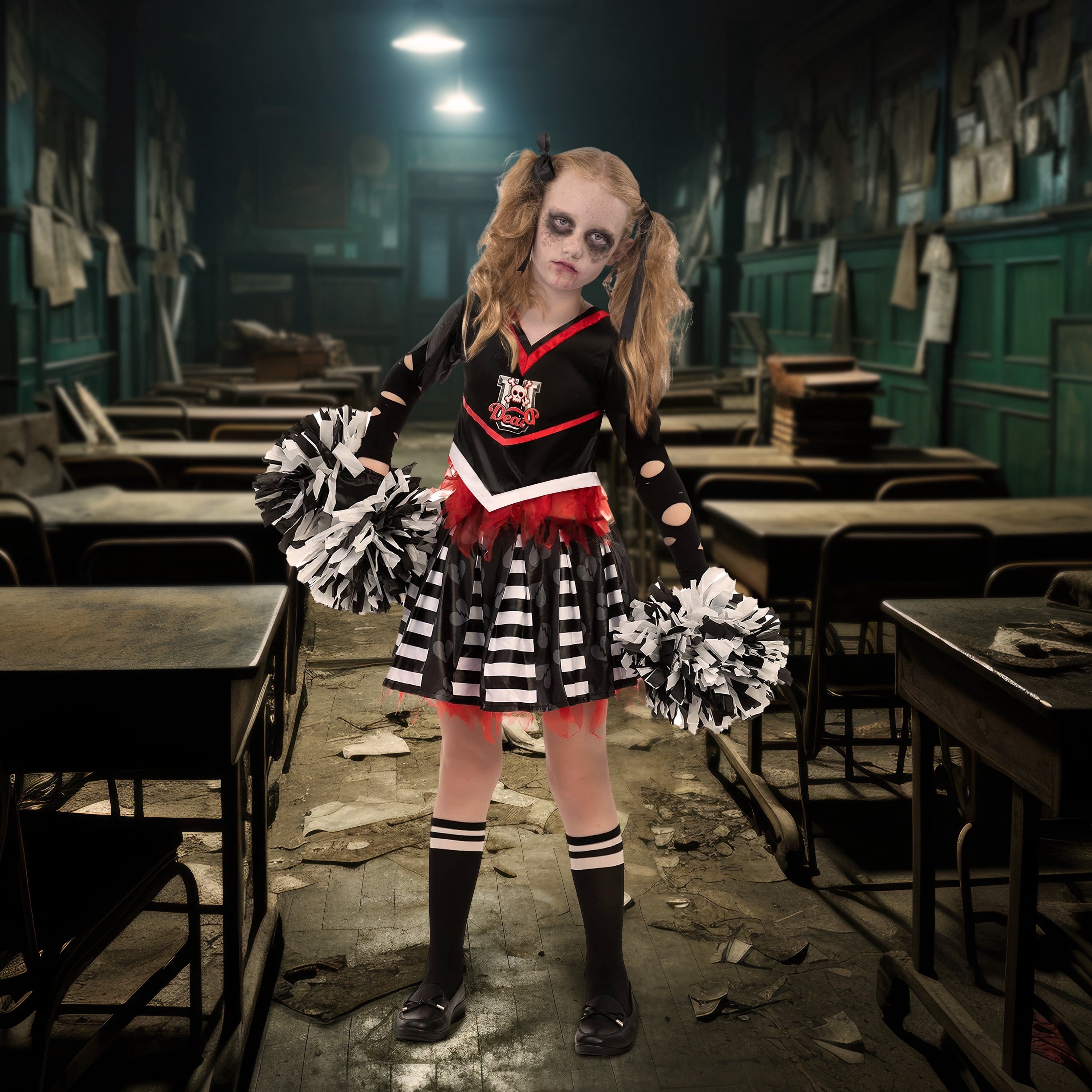  Kids Cheerleader Costume, Cheerless Costume for Girls, Scary Cheerleader Costume for Halloween Party Dress Up Age Up to 12 Years
