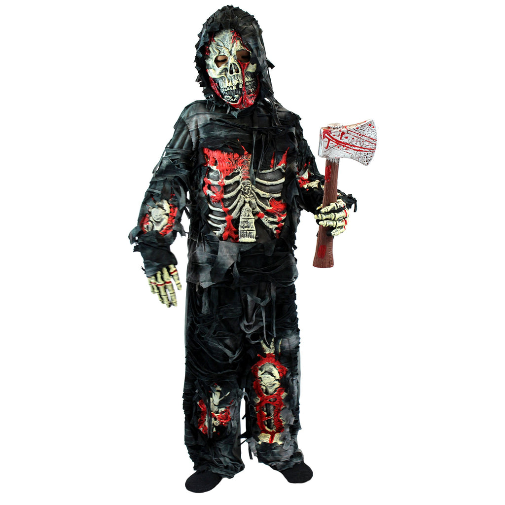  Kids Zombie Costume, Scary Halloween Zombie Costume for Boys, Monsters Costume with Plastic Toy Axe for Halloween Party Dress-Up Age Up to 14 Years