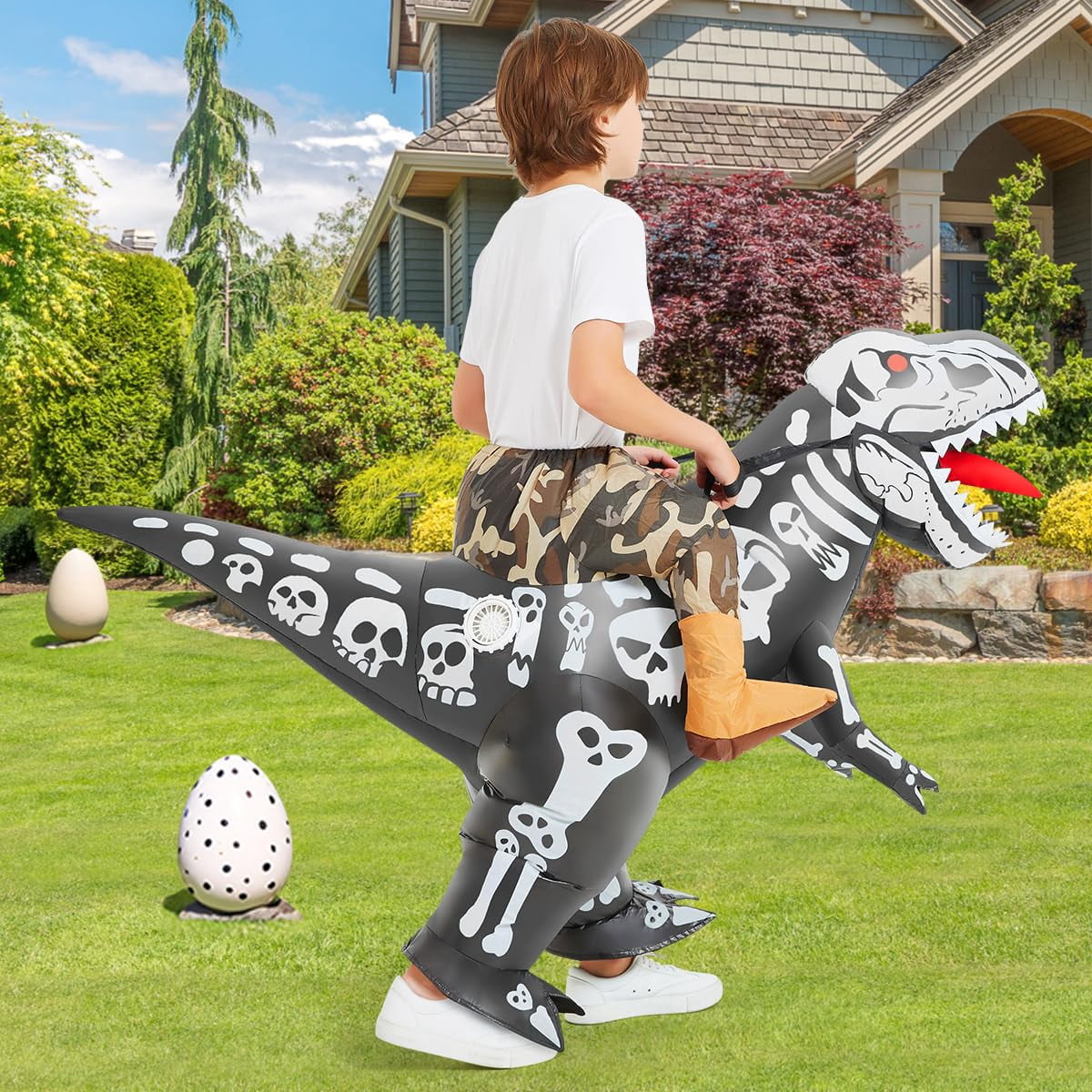COMIN 36 inch Inflatable Dinosaur Costume Kids Ride-on Inflatables Blow Up Dino Costume Skeleton Funny Dress for Halloween Party