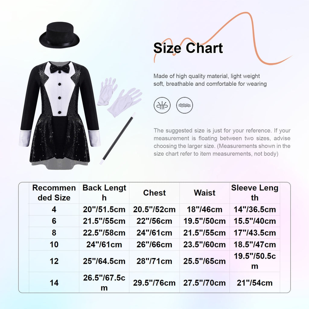 TiaoBug Kids Girls Magician Costume Long Sleeve Sequins Leotards Halloween Fancy Dress Up Outfits Black 8